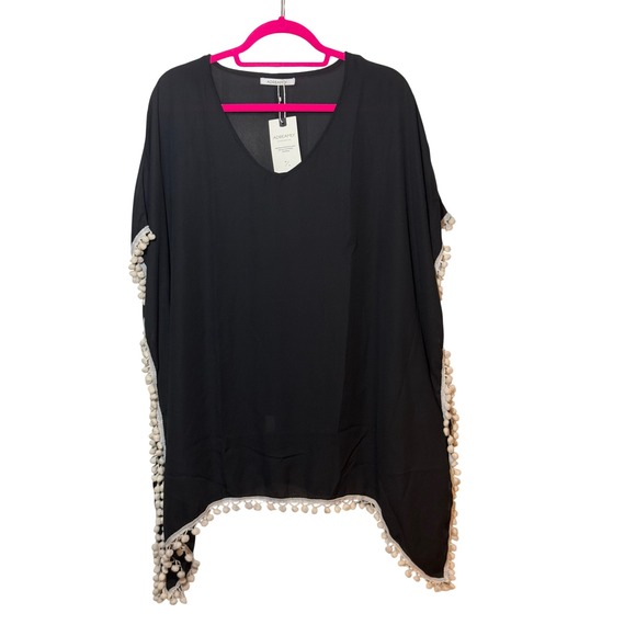 Adreamly Other - Adreamly Black Pom Pom Trim Kaftan V-Neck Beach Swim Cover Up New